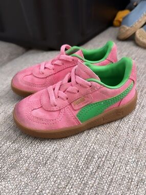 Puma Kids Pink and Green Suede Sneakers with Gum Sole